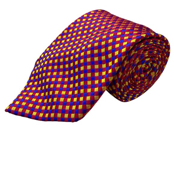 Ben Silver Mens Red & Yellow Silk Handmade Checkered Tie - Picture 1 of 8